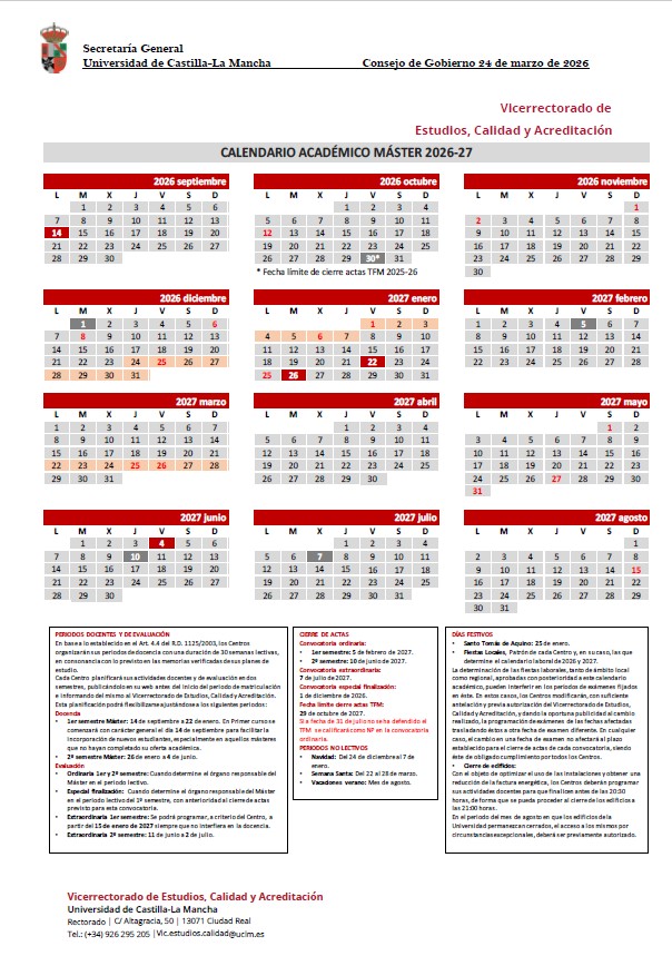 Calendario académico Máster 26-27