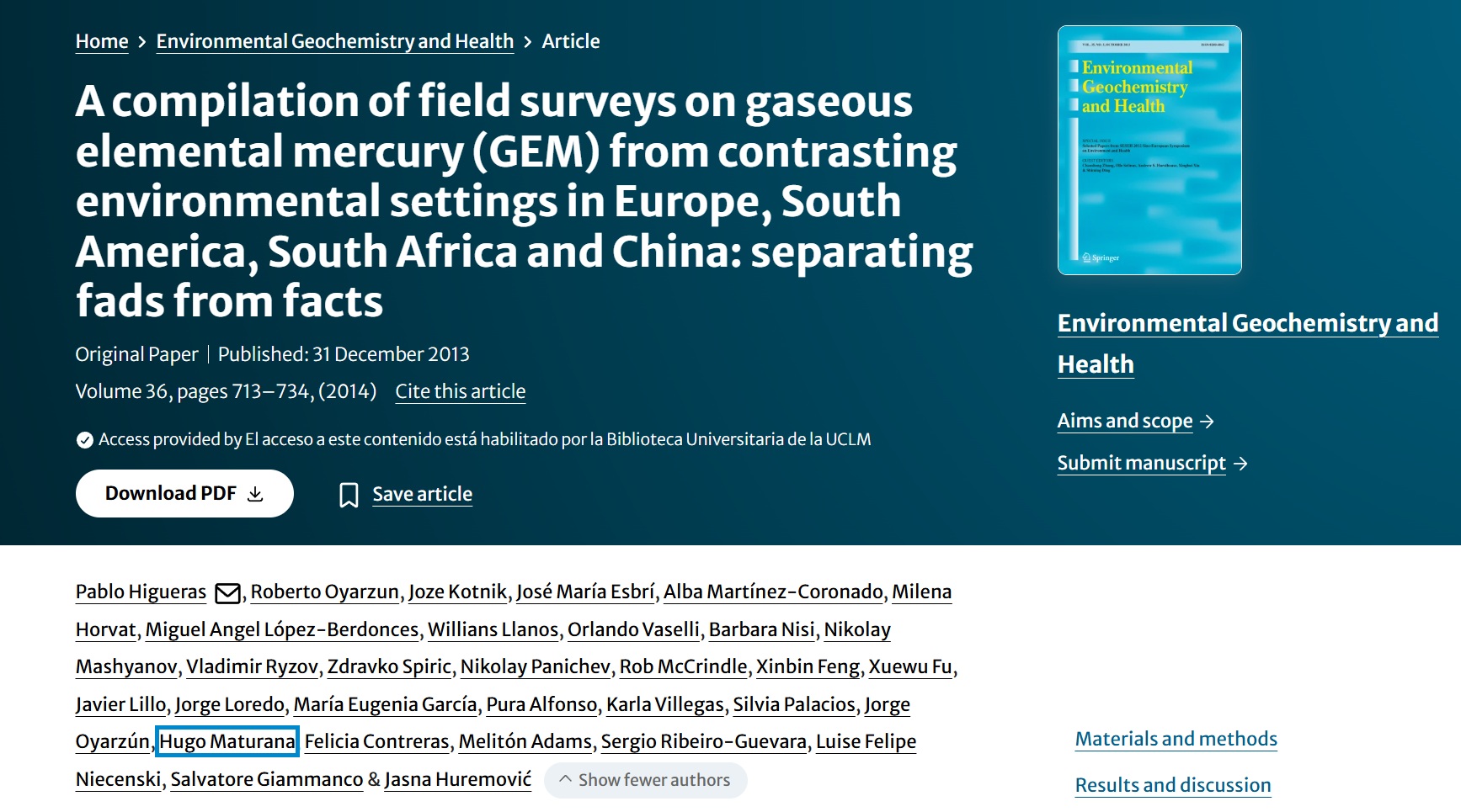 Compilación de prospecciones de campo sobre mercurio elemental gaseoso (GEM) en entornos ambientales contrastados de Europa, Sudamérica, Sudáfrica y China: diferenciando modas de hechos